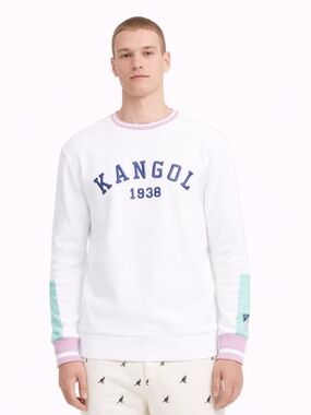 Kangol White Crewneck Sweatshirt w Lavender Purple & Mint Green Accents – Medium